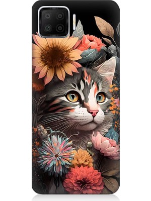 Teknomeg Oppo A73 Uyumlu Çiçekler ve Kül Gri Kedi Desenli Silikon Kılıf