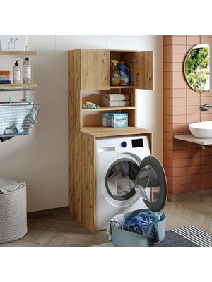 T Designo Umay Banyo Dolabı-Çok Amaçlı-Çamaşır Makinesi Dolabı Kapaklı Beyaz