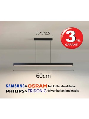 RulTech Linear Lineer 60cm Siyah Kasa Beyaz Işık 6500K Ledli Sarkıt Modern Led Avize, Salon, Mutfak, Masa Üstü Avize