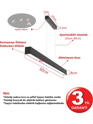 RulTech Linear Lineer 60cm Siyah Kasa Beyaz Işık 6500K Ledli Sarkıt Modern Led Avize, Salon, Mutfak, Masa Üstü Avize