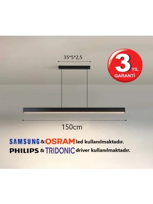 RulTech Linear Lineer 150cm Siyah Kasa Gün Işık 3000K Ledli Sarkıt Modern Led Avize, Salon, Mutfak, Masa Üstü Avize