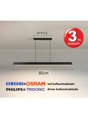 RulTech Linear Lineer 80cm Siyah Kasa Gün Işık 3000K Ledli Sarkıt Modern Led Avize, Salon, Mutfak, Masa Üstü Avize