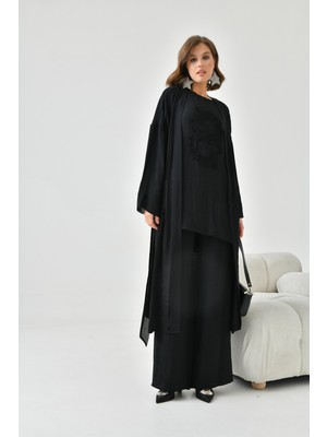 FTZ Women Kadın Nakışlı 3'lü Keten Takım  Siyah 30760