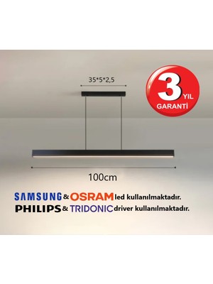 RulTech Linear Lineer 100cm Siyah Kasa Gün Işık 3000K Ledli Sarkıt Modern Led Avize, Salon, Mutfak, Masa Üstü Avize