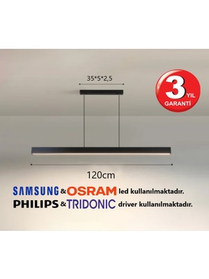 RulTech Linear Lineer 120cm Siyah Kasa Gün Işık 3000K Ledli Sarkıt Modern Led Avize, Salon, Mutfak, Masa Üstü Avize