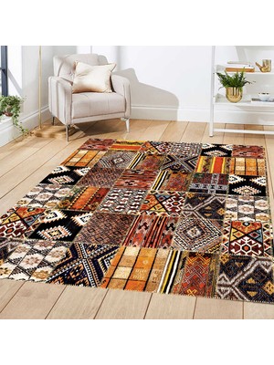 Patchwork Kırkyama Otantik Kilim Desenli Dijital Baskılı Halı Kaydırmaz Tabanlı Yıkanabilir Halı