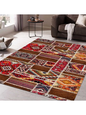 Vagonik Patchwork Kırkyama Otantik Kilim Desenli Dijital Baskılı Halı Kaydırmaz Tabanlı Yıkanabilir Halı