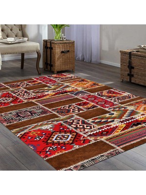 Vagonik Patchwork Kırkyama Otantik Kilim Desenli Dijital Baskılı Halı Kaydırmaz Tabanlı Yıkanabilir Halı