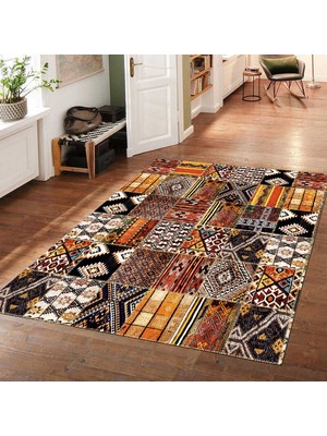 Vagonik Patchwork Kırkyama Otantik Kilim Desenli Dijital Baskılı Halı Kaydırmaz Tabanlı Yıkanabilir Halı