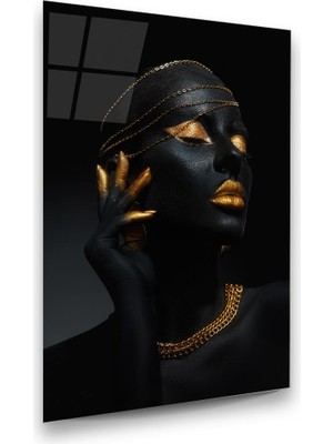 Glass Art Altın Temalı Siyahi Kadın 4 Dikey Cam Tablo