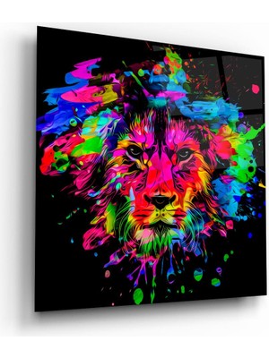 Glass Art Renkli Aslan Illüstratör Kare Cam Tablo