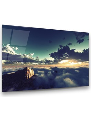 Glass Art Dağ ve Bulut Manzarası Yatay Cam Tablo