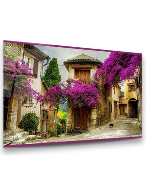 Glass Art Mor Çiçekli Evler Yatay Cam Tablo