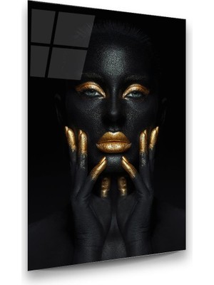 Glass Art Altın Temalı Siyahi Kadın 5 Dikey Cam Tablo