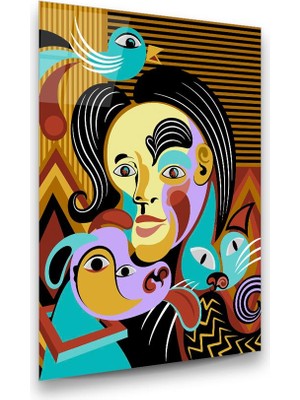 Glass Art Picasso Tarzı Soyut Çalışma Dikey Cam Tablo