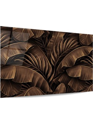 Glass Art Kahverengi Temalı 3 Boyutlu Yapraklar Yatay Cam Tablo