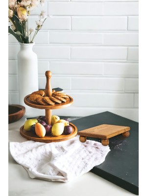 Justwood 2 Li 2 Katlı Kek Stantı ve Risus Top Ayaklı 17X25 cm Ahşap Dikdörtgen Pasta Servis Tabağı
