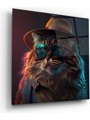 Glass Art Kedi Adam Kare Cam Tablo
