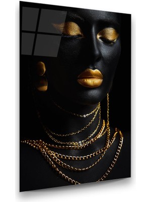 Glass Art Altın Temalı Siyahi Kadın Dikey Cam Tablo