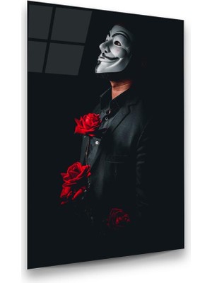 Glass Art Maskeli Adam ve Kırmızı Gül Dikey Cam Tablo