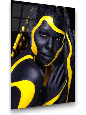 Glass Art Sarı Çizgili Kadın Dikey Cam Tablo