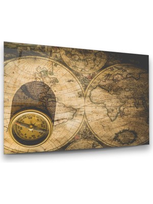 Glass Art Harita ve Pusula Yatay Cam Tablo