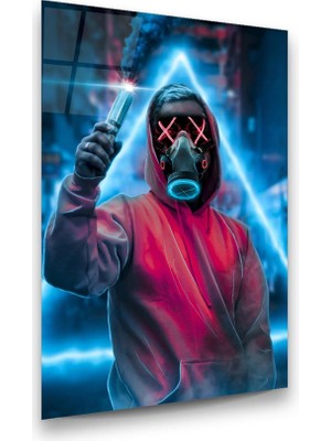 Glass Art Neon Maskeli Adam Dikey Cam Tablo