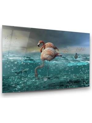 Glass Art Flamingolar ve Deniz Manipülasyon Yatay Cam Tablo