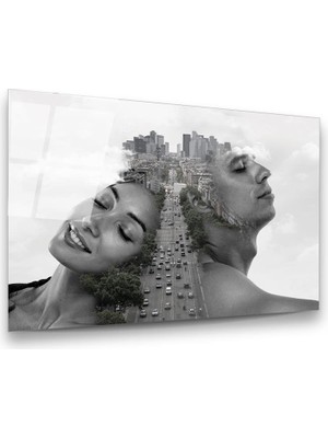 Glass Art Şehir ve Insan Dijital Sanat Yatay Cam Tablo