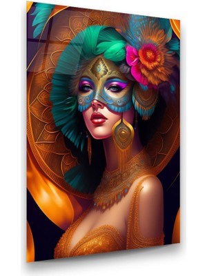 Glass Art Maskeli Kadın Dikey Cam Tablo