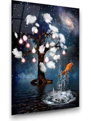 Glass Art Ağaç ve Balık Manipülasyon Dikey Cam Tablo
