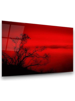 Glass Art Kırmızı Gökyüzü ve Ağaçlar Yatay Cam Tablo