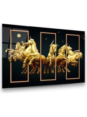Glass Art Altın Atlar Yatay Cam Tablo
