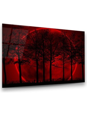 Glass Art Kırmızı Ay ve Ağaçlar Yatay Cam Tablo