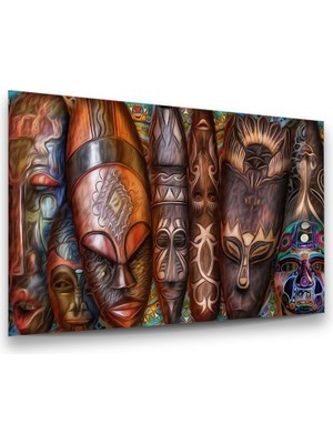 Glass Art Ahşap Afrika Maskeleri Yatay Cam Tablo