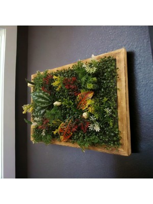 Ddtrend Ahşap Çerçeveli Yapay Çiçek Duvar Paneli Şimşir Dikey Bahçe Aranjman 48-68 cm Model:2