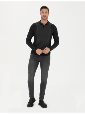 Pierre Cardin Erkek Açık Gri Melanj Slim Fit Düğmeli Polo Yaka Triko Kazak 50279429-VR091