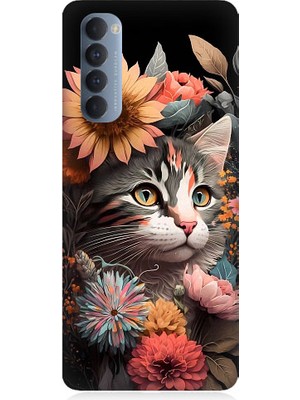 Teknomeg Oppo Reno 4 Pro Uyumlu Çiçekler ve Kül Gri Kedi Desenli Silikon Kılıf