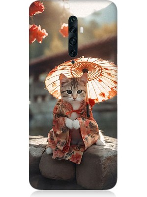 Teknomeg Oppo Reno 2z Uyumlu Geyşa Kıyafetli Kedi Desenli Silikon Kılıf