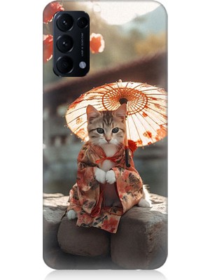 Teknomeg Oppo Reno 5 Uyumlu Geyşa Kıyafetli Kedi Desenli Silikon Kılıf