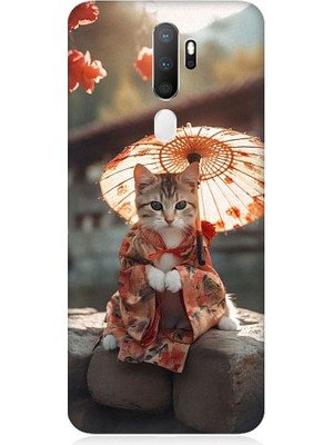 Teknomeg Oppo A9 2020 Uyumlu Geyşa Kıyafetli Kedi Desenli Silikon Kılıf