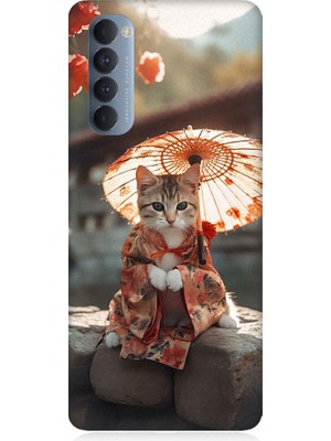 Teknomeg Oppo Reno 4 Pro Uyumlu Geyşa Kıyafetli Kedi Desenli Silikon Kılıf