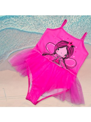Lolli Boom Kids  Kız Çocuk Balerin Melek Örgülü Şirin Prenses Baskı Detaylı Şeker Pembe Renk Tül Tütülü Mayo