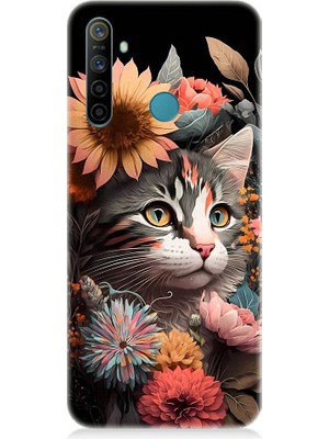 Teknomeg Realme 5i Uyumlu Çiçekler ve Kül Gri Kedi Desenli Silikon Kılıf