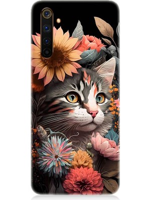 Teknomeg Realme 6 Pro Uyumlu Çiçekler ve Kül Gri Kedi Desenli Silikon Kılıf
