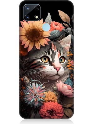 Teknomeg Realme C17 Uyumlu Çiçekler ve Kül Gri Kedi Desenli Silikon Kılıf