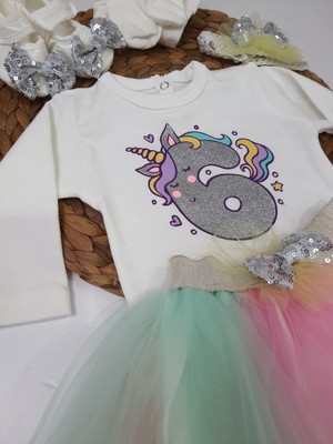 Pileki Baby 5 Parça (0-6 Ay ) Kız Bebek Unicorn Elbise  Prenses Özel Gün  Doğumgünü Parti Elbisesi