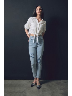 FullaModa Yüksek Bel Yırtık Detaylı Straight Jean