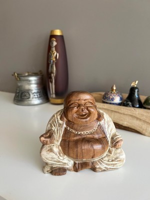 Miamantra Ahşap Iki Renk Gülen Buda Heykelciği/feng Shui Şans ve Bereket Dekoru - 12 cm