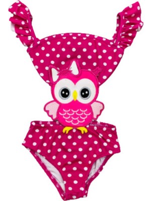 Lolli Boom Kids  Kız Çocuk Mayokini Sevimli Baykuş Temalı Koyu Pembe Kol Fırfırlı Son Sezon Kostüm Mayo